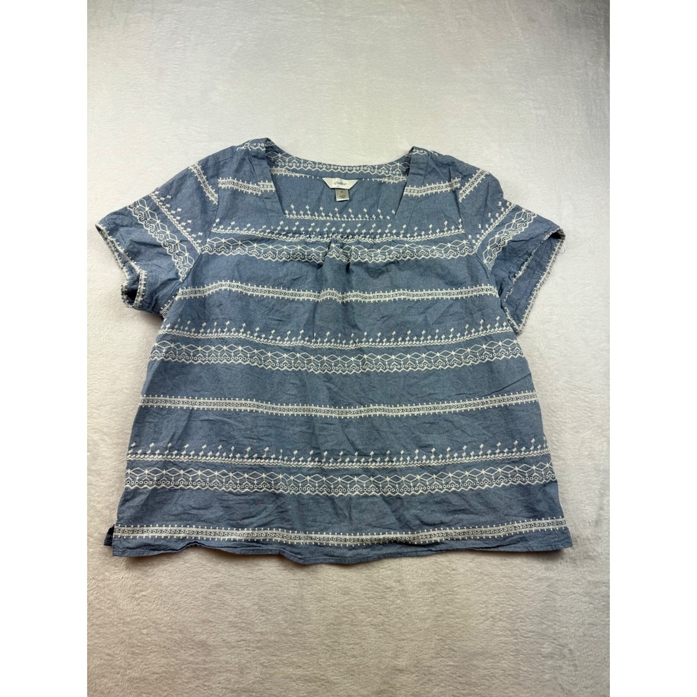 CJ Banks Womens 3X Blue White Embroidered Square Neck Short Sleeve Boho Blouse